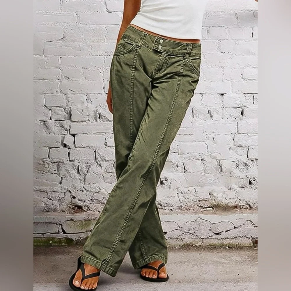 Flamingals Solid Seam Front Mid Rise Straight Leg Jeans Olive Green Small NWT - Picture 4 of 8